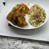 Crispy Pork Belly Combo (Lechon Kawali) · Deep Fried Polk Belly served with 3 Pcs Egg Roll and rice
