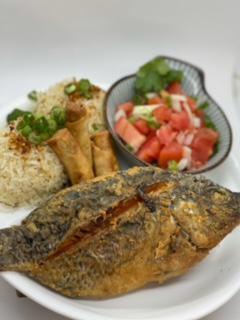 Fried whole Tilapia Combo  · Lightly Floured Whole Fried Tilapia served with 3 pcs Egg Roll and rice