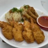 Breaded Shrimp Combo (Rebusado) · 8  Pcs Breaded  Shrimp Served With 3 Pcs Egg Roll (lumpia)  rice
