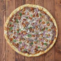 BBQ Chicken Specialty Pie · Grilled chicken, BBQ sauce, onion, and cilantro with mozzarella and smoked Gouda cheese.