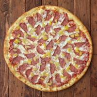 Hawaiian Specialty Pie · Red sauce, diced pineapple, Canadian bacon, and mozzarella cheese.
