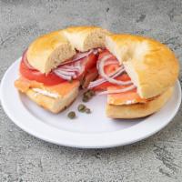 Nova salmon Bagels and Cream Cheese · Fresh baked Bagel of Choice, with Cream Cheese, Sliced Tomato, Onion, Capers, and Smoked Nov...