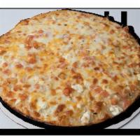 White Cheesy Pizza · 4 cheese blend, white garlic sauce, minced garlic, onions, tomato.