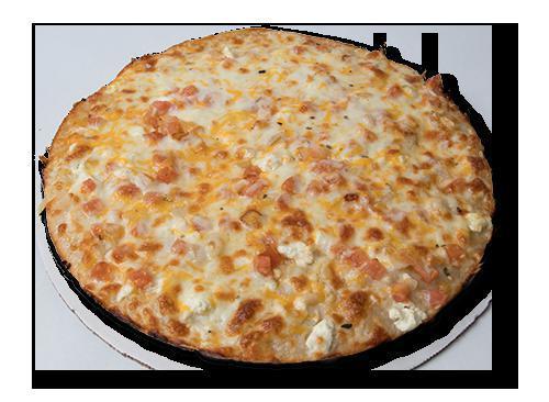 White Cheesy Pizza · 4 cheese blend, white garlic sauce, minced garlic, onions, tomato.