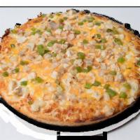 Chicken Fajita Pizza · Salsa, chicken, mozzarella, cheddar Jack blend cheese, topped with onion and green peppers.