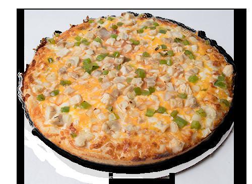 Chicken Fajita Pizza · Salsa, chicken, mozzarella, cheddar Jack blend cheese, topped with onion and green peppers.