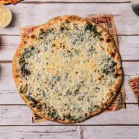 Spinach Alfredo Pizza · Spinach Alfredo pizza is a pizza topped with Spinach Alfredo sauce and mozzarella cheese.