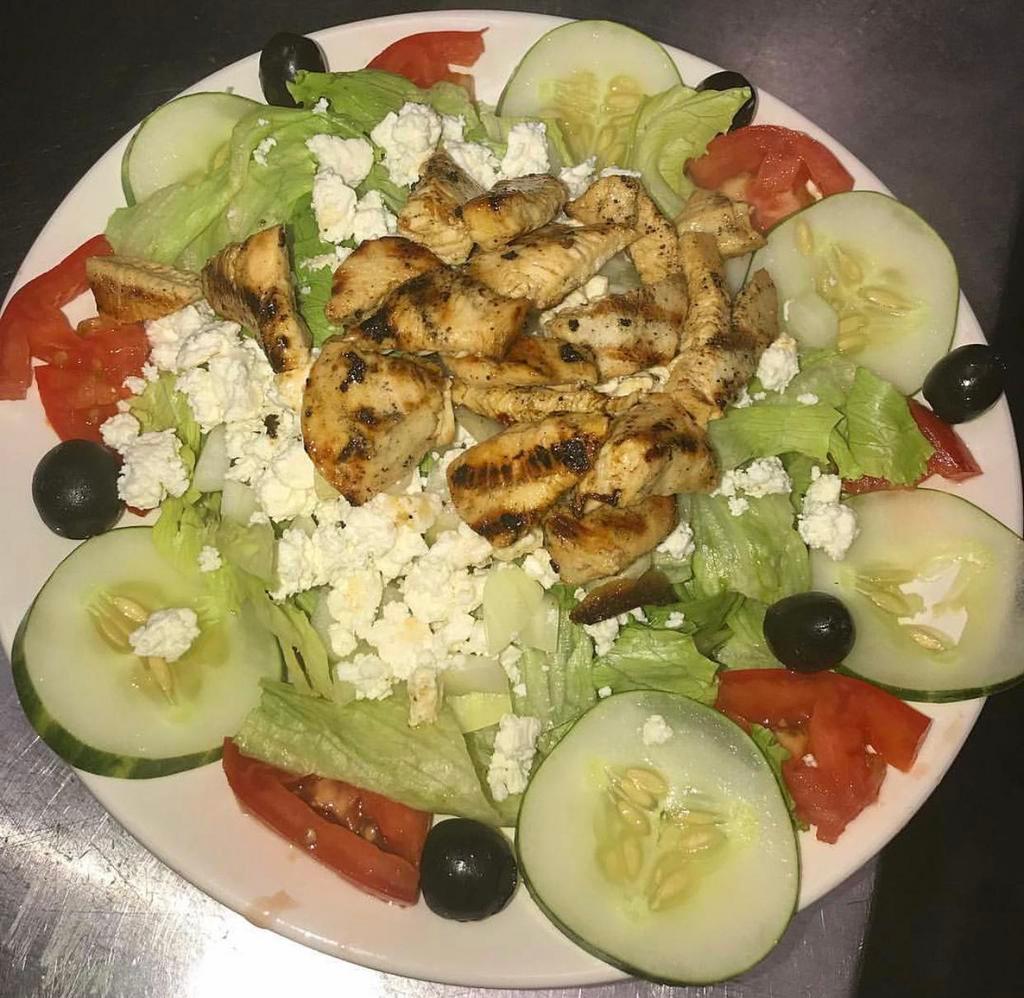 Greek Salad with Grilled Chicken · Freshly sliced with bed of lettuce, romaine mix, red cherry, tomatoes, Kalamata olives, red onions, garden carrots and topped off with feta cheese.