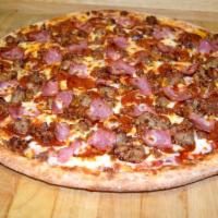 Meat Supreme Pizza · Pepperoni, sausage, bacon, ham, sauce and mozzarella.