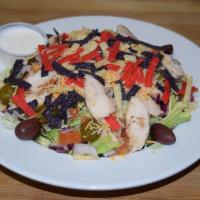 Tex-Mex Salad · Grilled chicken, blend of lettuce, tomatoes,cucumbers, jalapenos, sour cream and shredded ch...