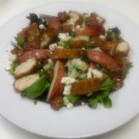 Apple Pecan Chicken Salad · Baby spinach, tomatoes, cucumbers, crispy chicken, apple slices, glazed pecans and crumbled ...