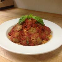 Spaghetti Classico · Meatballs and sausage over spaghettini in our homemade marinara sauce. Served with garlic kn...