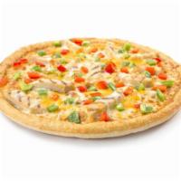 Chicken Fajita Pizza · Grilled chicken strips, lots of chunky salsa, green and red peppers, cheddar and Sarpino's g...