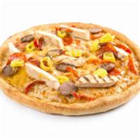 Zesty Italian Pizza · Chicken strips, pepperoni, spicy Italian sausage, sun-dried tomatoes, and banana peppers on ...