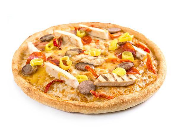 Zesty Italian Pizza · Chicken strips, pepperoni, spicy Italian sausage, sun-dried tomatoes, and banana peppers on a layer of pizza sauce topped with Italian cheese. 