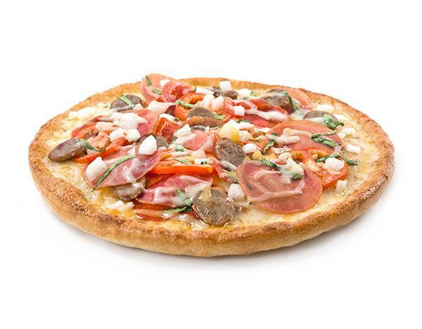 Capo Siciliano Pizza · Sarpino's traditional pan pizza baked to perfection and topped with juicy Canadian Bacon, freshly sliced pepperoni and Italian sausage, sauteed onions, ripe tomatoes, fresh basil and our signature gourmet cheese blend.