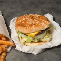 Cheeseburger and Fries · Black Angus beef served with lettuce, tomato, onion, pickles, and french fries
