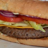 French Burger · 1/2 lb., cheese, lettuce, tomato, pickle, onion on French bread.
