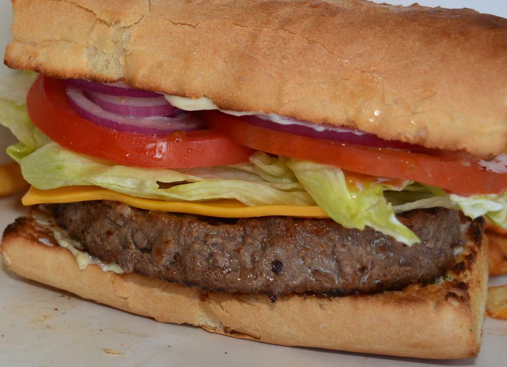 French Burger · 1/2 lb., cheese, lettuce, tomato, pickle, onion on French bread.
