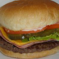 Ham a Neer Burger · 1/4 lb., ham, thousand island sauce, pickle, tomato, lettuce, cheese and bun.