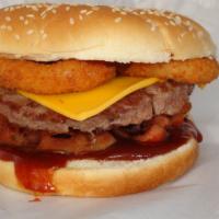 Western Bacon Cheeseburger · 1/4 lb.,  BBQ sauce, onion ring, bacon, cheese on sesame bun.