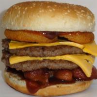 Double Western Bacon Cheeseburger · Hamburger topped with cheese and bacon.