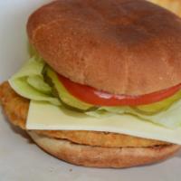Chicken Deluxe Sandwich · Chicken patty, Swiss cheese, mayo, lettuce, tomato, pickle on 1/4 bun. 