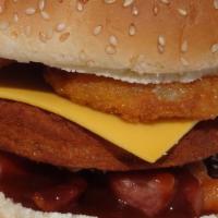 BBQ Chicken Sandwich · Chicken patty, cheese, BBQ sauce, onion ring, bacon on sesame bun. 