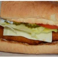 Fish Sandwich · Fish fillet, Swiss cheese, tartar sauce, lettuce, tomato, pickle, onion on French bread. 
