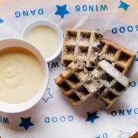 Black Sesame Waffles (V, GF) · Gluten and dairy free waffle with black sesame seeds and paste. Served with egg cream and co...