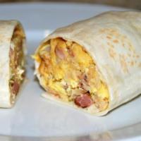 Bacon and Eggs Burrito · Includes crispy bacon, scrambled eggs and potatoes. 