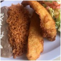 Filete De Pescado Empanizado (Fried Fish Filet) · Fried Swai fish with side of rice and beans. Your choice of tortillas.