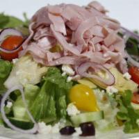 Greek Salad · Chopped romaine, ham, cucumbers, tomatoes, artichoke hearts, Kalamata olives, red onions, fe...
