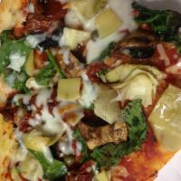 The soul of Kapahulu Pizza · Spinach, Artichoke, Onions, Mushrooms, garlic and Fresh Tomatoes.