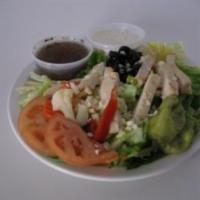 Grilled Chicken Salad · Mixed green lettuce, tomatoes, black olives, giardiniera, pepperoncini, carrots, cheese topp...