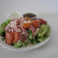 Italian Antipasto Salad · Iceberg lettuce, with salami, ham, Canadian bacon,  Pepperoni, pepperoncini, giardiniera, bl...