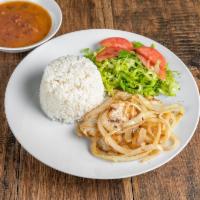 Grilled chicken  · Boneless, chicken breast, grilled, to with grilled onions. Comes with rice and beans 