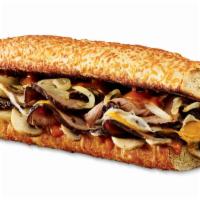 Black Angus Steakhouse Sub · Black Angus steak, provolone, cheddar, sauteed mushrooms and onions, and zesty grille sauce ...