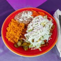 Enchiladas (4) · Get 4 Enchiladas with Rice and Beans. Michoacan style Enchiladas topped with an arrange of t...
