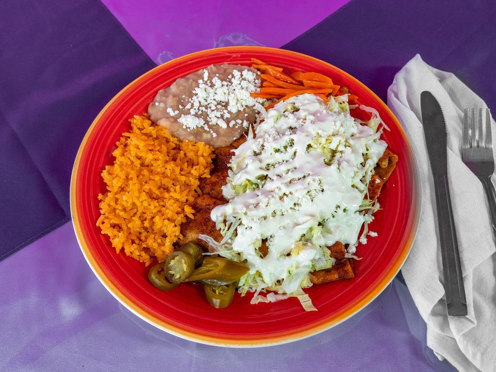 Enchiladas (4) · Get 4 Enchiladas with Rice and Beans. Michoacan style Enchiladas topped with an arrange of toppings.
