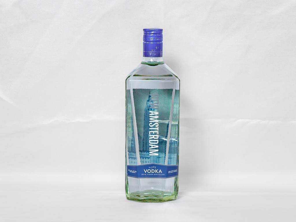 750 ml. New Amsterdam Vodka · Must be 21 to purchase. 40.0% ABV. New Amsterdam Vodka was born from an uncompromising passion for great vodka. This commitment to excellence delivers a great-tasting vodka with unparalleled smoothness. 5 times distilled and 3 times filtered to deliver a clean crisp taste that is smooth enough to drink straight or complement any cocktail.