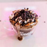 Campfire Lava · Hot chocolate, cinnamon toast crunch, toasted marshmallow, chocolate chip and whipped cream.