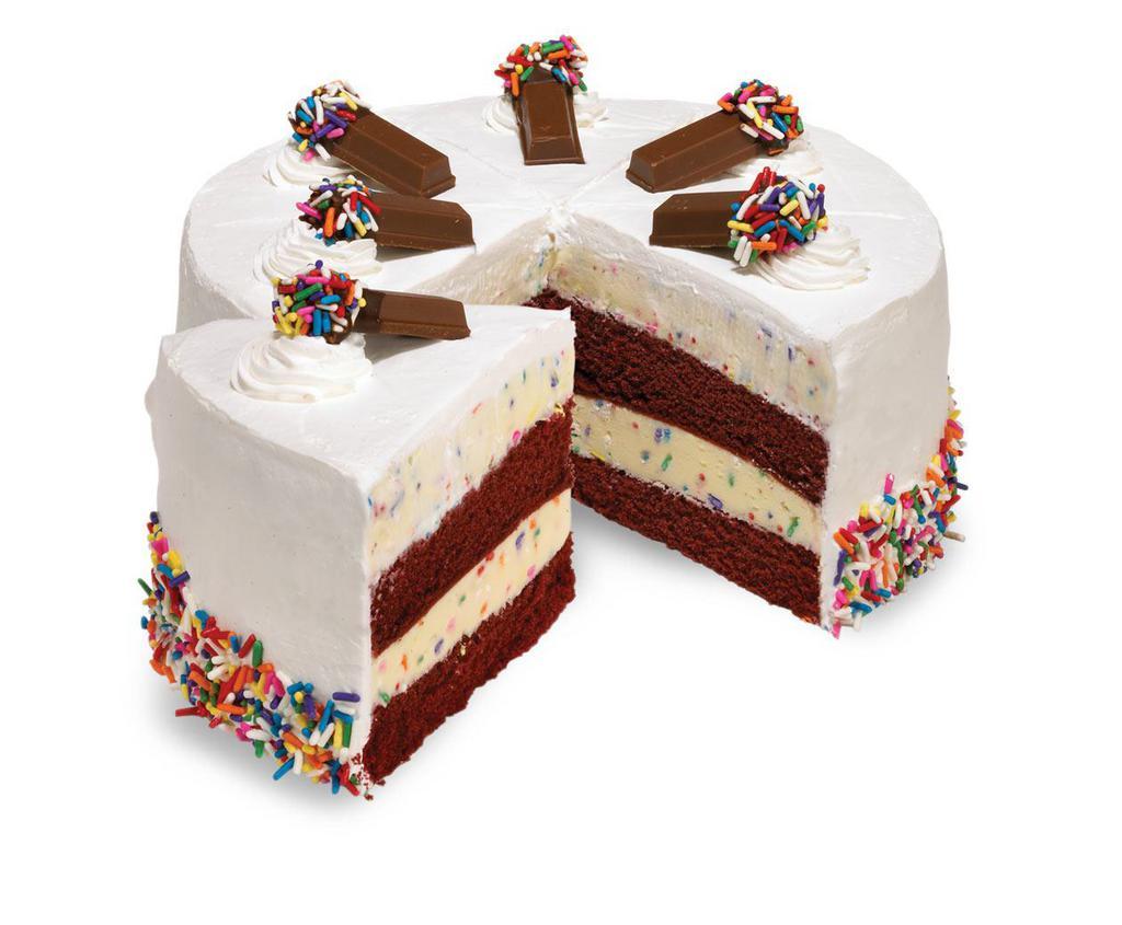 Cake Batter Confetti Cake · PLEASE CALL TO CONFIRM CAKE IS AVAILABLE!
Layers of moist Red Velvet Cake and Cake Batter Ice Cream® with Rainbow Sprinkles wrapped in fluffy White Frosting