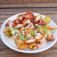 Bangin Loaded Chix Fries · Buffalo Fried Chicken + Fries + Cheese Sauce + Chix Sauce + Coleslaw + Pickles