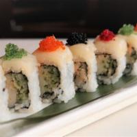 New Rock Maki · Spicy white tuna inside, scallop outside with four kinds of tobiko and miso sauce