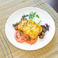 Halloumi · Pan seared halloumi cheese, served with ripe tomatoes, cucumbers and olives *gluten free