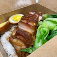 Combo 8 · Sliced braised pork belly over rice with Bok Choy and egg. 