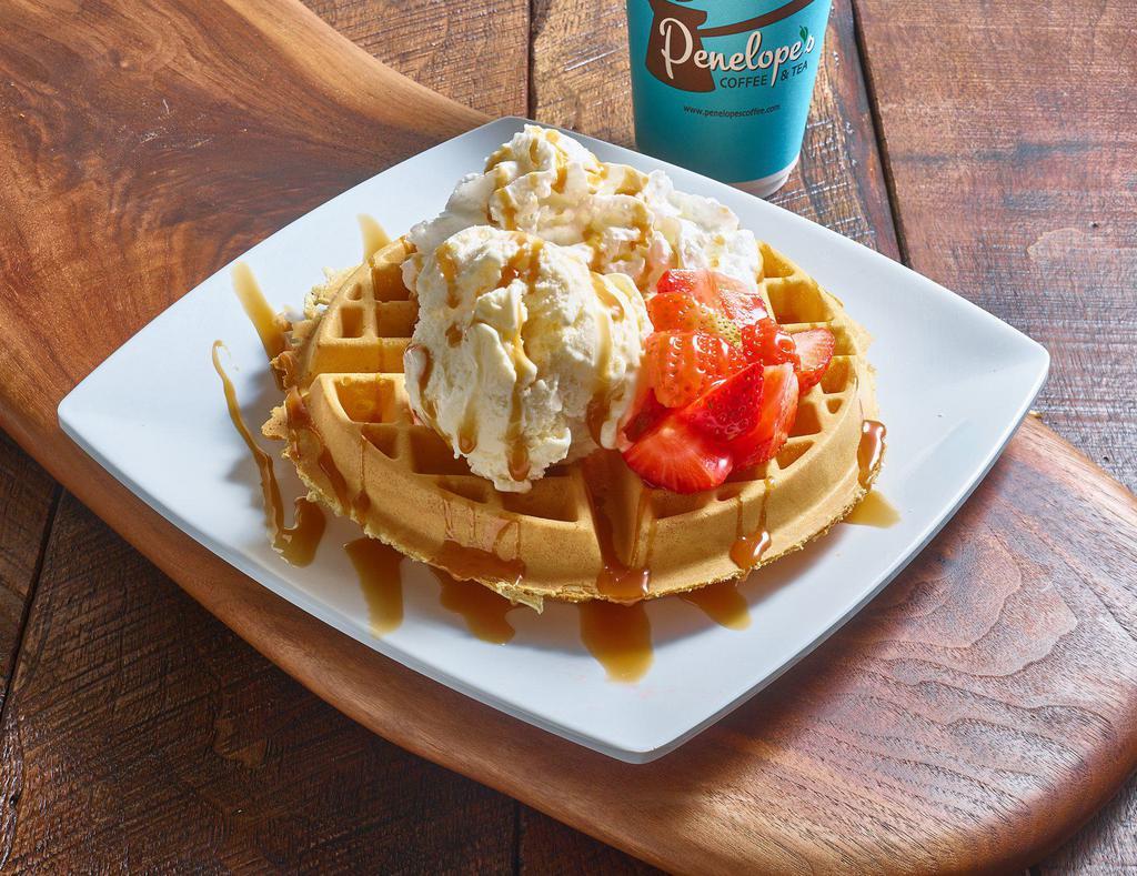 Berry Cream · Waffle, vanilla ice cream, strawberries, drizzled with caramel sauce, topped with whipped cream.