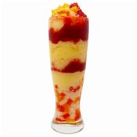 Bikini Peach Smoothie · Peach juice blended with fresh peaches; mixed with strawberry swirls and strawberry puree; t...