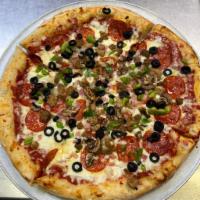 Party Express Pizza · Ham, pepperoni, Italian sausage, beef, green peppers, onions, black olives, mushrooms.
